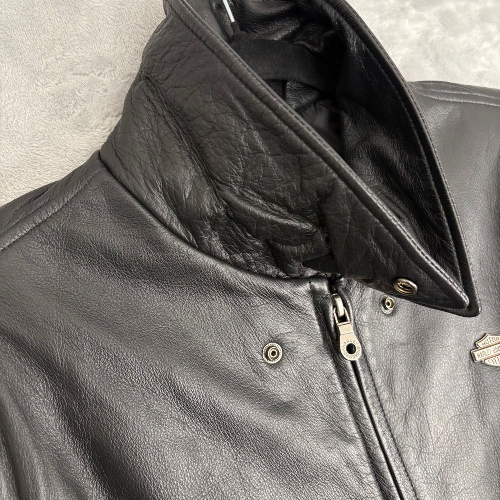 Harley Davidson Womens Leather Jacket Black Large Embroidered Logo Pockets - Picture 13 of 16